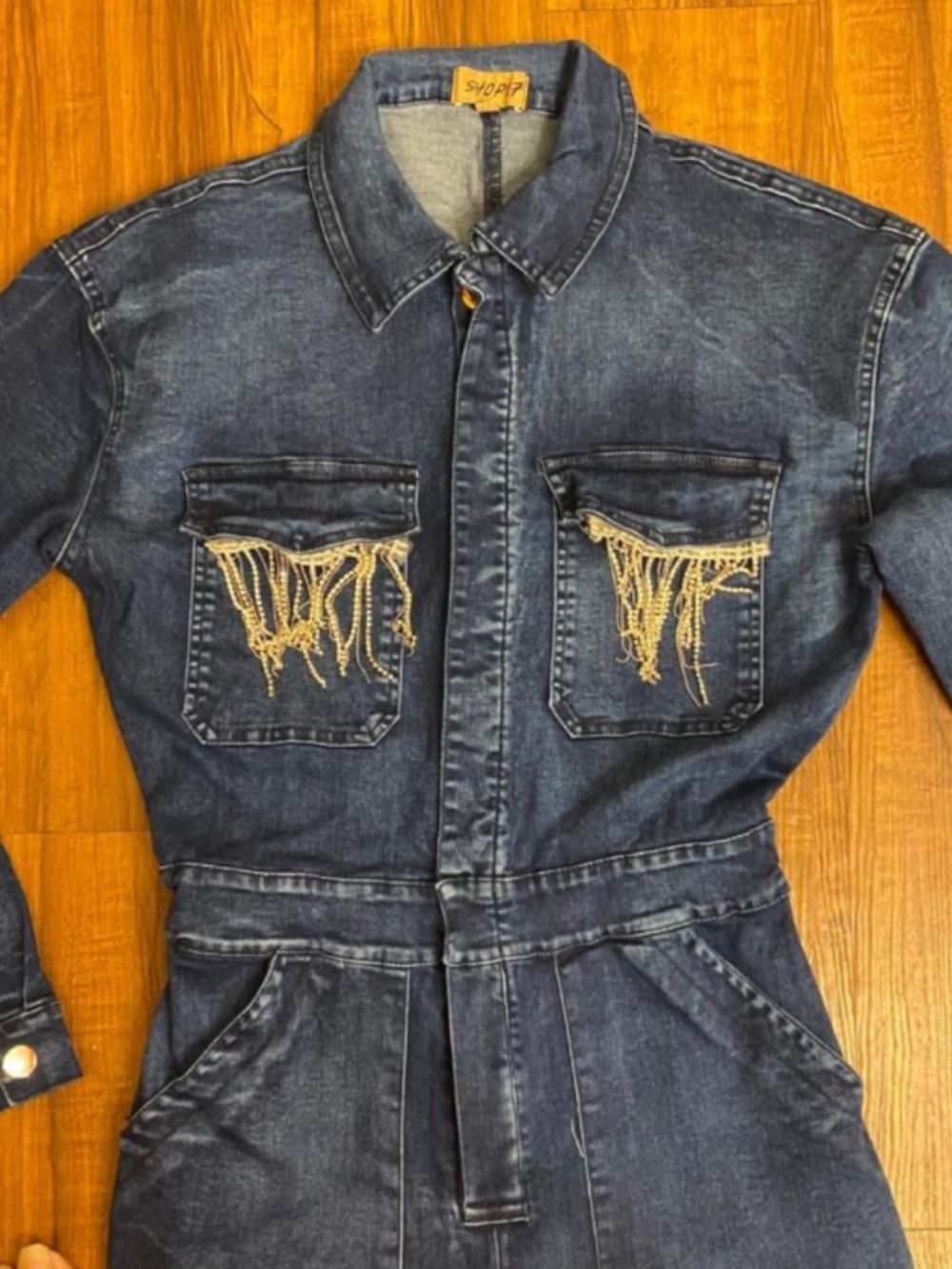 New Orleans Ladies Denim Jumpsuit with Fringe Rhinestones - Picture 2 of 5